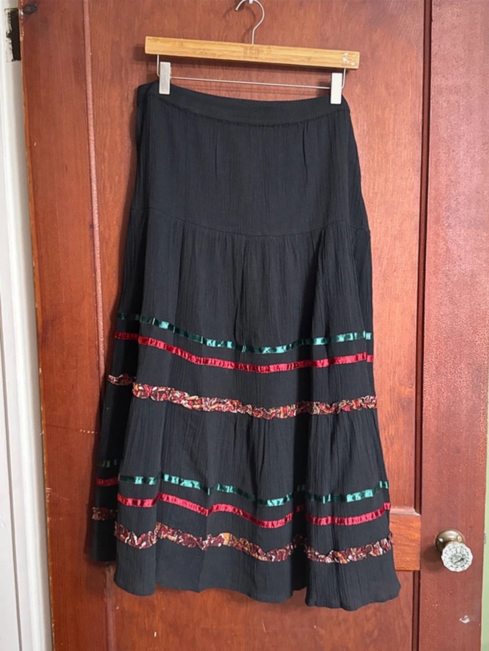 Vintage Black Tiered Maxi Skirt with Red & Green Ribbon Accents